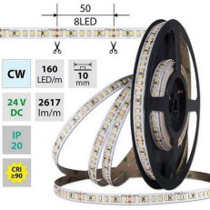 LED pásek SMD2835 CW, 160LED/m, 19,2W/m, DC 24V, 2617lm/m, CRI90, IP20, 10mm, 5m