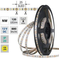 LED pásek SMD2835 NW, 120LED/m, 9,6W/m, DC 12V, 880lm/m, CRI90, IP20, 8mm, 5m
