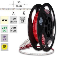 LED pásek SMD2835 WW, 120LED/m, 9,6W/m, DC 24V, 770lm/m, CRI90, IP67, 10mm, 50m