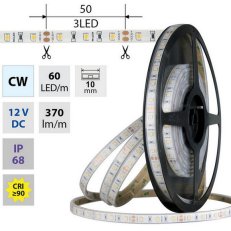 LED pásek SMD2835 CW, 60LED/m, 4,8W/m, DC 12V, 370lm/m, CRI90, IP68, 10mm, 5m