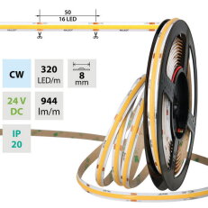 LED pásek COB CW 320LED/m 8W/m DC 24V 944lm/m CRI90 IP20 modul 50mm 8mm 5m