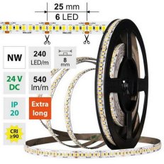 LED pásek SMD2835 NW, 240LED/m, 6W/m, DC 24V, 540lm/m, CRI90, IP20, 8mm, 50m