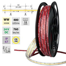 COB LED pásek WW, 480LED/m, 8W/m, 760lm/m, CRI90, IP67, DC24V, 105°C,12mm , 50m