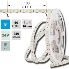 LED pásek SMD5050 B, 60LED/m, 14,4W/m, DC 24V, 450lm/m, IP20, 10mm, 50m