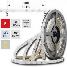 LED pásek SMD3528 červený, 30LED/m, IP54, DC 12V, 8mm, 5m