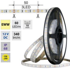LED pásek SMD2835 EWW, 60LED/m, 4,8W/m, DC 12V, 340lm/m, CRI90, IP68, 10mm, 5m