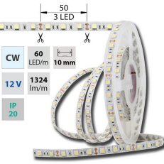 LED pásek SMD5050 CW, 60LED/m, 14,4W/m, DC 12V, 1515lm/m, IP20, 10mm, 5m