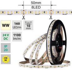 LED pásek SMD2835 WW, 160LED/m, 9W/m, DC 24V, 1100lm/m, CRI90, IP20, 10mm, 5m