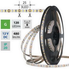 LED pásek SMD2835 zelený, 120LED/m, 9,6W/m, DC 12V, 480lm/m, IP20, 8mm, 5m