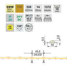 LED pásek COB EWW 528LED/m 14W/m DC24V 1372lm/m CRI90 IP20 modul 45,5mm 10mm 50m