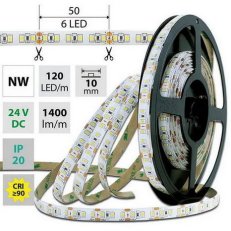 LED pásek SMD2835 NW, 120LED/m, 14W/m, DC 24V, 1400lm/m, CRI90, IP20, 10mm, 50m