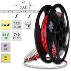 LED pásek SMD2835 EWW, 120LED/m, 9,6W/m, DC 24V, 740lm/m, CRI90, IP67, 10mm, 50m