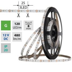 LED pásek SMD2835 zelený, 120LED/m, 9,6W/m, DC 12V, 480lm/m, IP20, 8mm, 50m