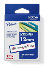 Páska BROTHER TZe-MPPH31 s růžovými srdci/černá (12mm, 4m)