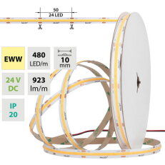 LED pásek COB EWW, 480LED/m, 10W/m, DC24V, 923lm/m, CRI90, IP20, 10mm, 5m