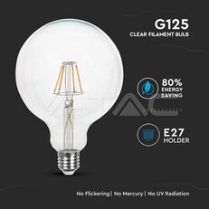 LED Bulb 6W Filament E27 G125 Clear Cover 6400K VT-2147, V-TAC SKU7427