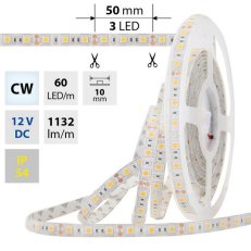 LED pásek SMD5050 CW, 60LED/m, 14,4W/m, 1132lm/m, IP54, DC 12V, 10mm, 5m