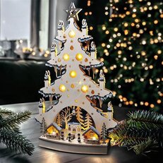 LED dřevěný vánoční storm s dekoracemi 20x LED přírodní barva 64cm SOLIGHT 1V282