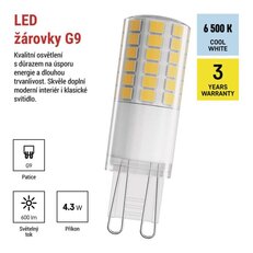 LED žárovka Classic JC, G9, 4,3 W (48 W), 600 lm, Studená bílá EMOS ZQ9D34