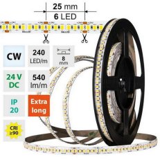 LED pásek SMD2835 CW, 240LED/m, 6W/m, DC 24V, 540lm/m, CRI90, IP20, 8mm, 50m