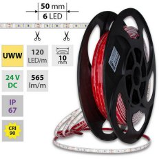 LED pásek SMD2835 UWW, 120LED/m, 9,6W/m, DC 24V, 600lm/m, CRI90, IP67, 10mm, 50m