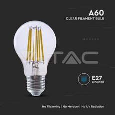 LED Bulb 4W E27 Filament A60 Clear Cover 3000K VT-2334, V-TAC SKU2990