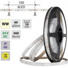 LED pásek SMD2835 WW, 60LED/m, 4,8W/m, DC 24V, 360lm/m, CRI90, IP68, 10mm, 5m