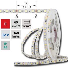 LED pásek SMD5050 červený, 60LED/m, 14,4W/m, DC 12V, 360lm/m, IP20, 10mm, 5m