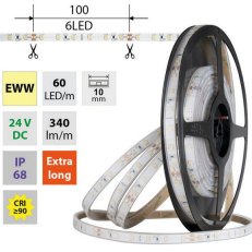 LED pásek SMD2835 EWW, 60LED/m, 4,8W/m, DC 24V, 340lm/m, CRI90, IP68, 10mm, 5m