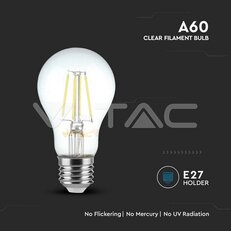 LED Bulb 6W Filament E27 A60 Clear Cover 3000K VT-1887-N, V-TAC SKU214272