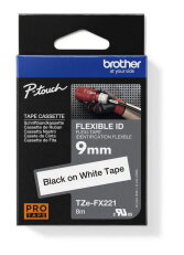 Páska BROTHER TZe-FX221,  bílá/černá, 9 mm,  s flexibilní páskou