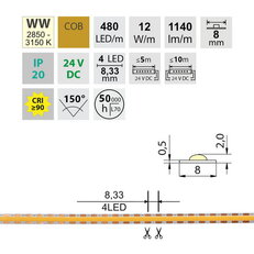 LED pásek COB WW 480LED/m 12W/m DC 24V 1140lm/m CRI90 IP20 modul 8,33mm 8mm 50m