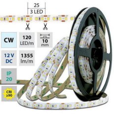 LED pásek SMD2835 CW, 120LED/m, 14W/m, 1355lm/m, IP20, DC 12V, 10mm, 5m