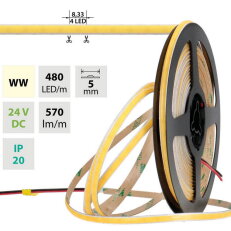 LED pásek COB WW 480LED/m 6W/m DC 24V 570lm/m CRI90 IP20 modul 8,33mm 5mm 50m