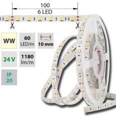 LED pásek SMD5050 WW, 60LED/m, 14,4W/m, DC 24V, 1152lm/m, IP20, 10mm, 5m