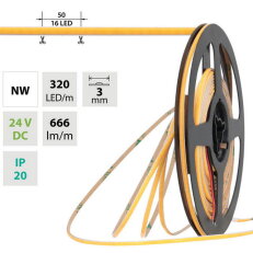 LED pásek COB NW 320LED/m 6W/m DC 24V 666lm/m CRI90 IP20 modul 50mm 3mm 10m