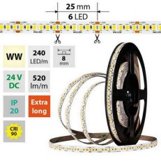 LED pásek SMD2835 WW, 240LED/m, 6W/m, DC 24V, 520lm/m, CRI90, IP20, 8mm, 50m