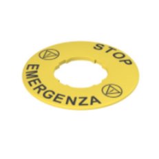 Žlutý štítek, průměr 60 mm, popis STOP EMERGENCA PIZZATO VETF32A5101