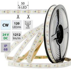 LED pásek SMD2835 CW, 120LED/m, 14W/m, 1212lm/m, IP68, DC 24V, 13mm, 5m