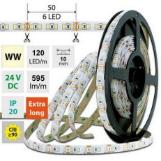 LED pásek SMD2835 WW, 120LED/m, 7W/m, DC 24V, 595lm/m, CRI90, IP20, 10mm, 50m