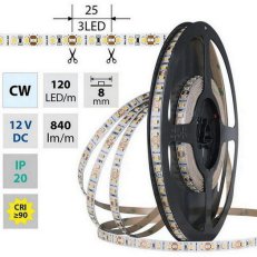 LED pásek SMD2835 CW, 120LED/m, 9,6W/m, DC 12V, 840lm/m, CRI90, IP20, 8mm, 50m