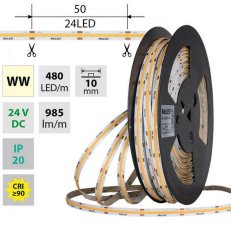 LED pásek COB WW, 480LED/m, 10W/m, DC 24V, 985lm/m, CRI90, IP20, 10mm, 5m