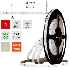 LED pásek SMD2835 červený, 60LED/m, 4,8W/m, DC 24V, 120lm/m, IP54, 8mm, 5m