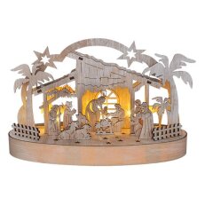 Vánoční dřevěný betlém podsvícený, 5x LED, bílý, 24cm, 2x AA SOLIGHT 1V275