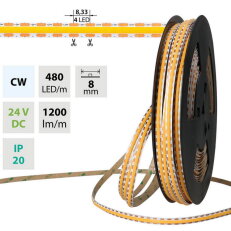 LED pásek COB CW 480LED/m 12W/m DC 24V 1200lm/m CRI90 IP20 modul 8,33mm 8mm 50m