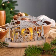 Vánoční dřevěný betlém podsvícený, 5x LED, bílý, 24cm, 2x AA SOLIGHT 1V275