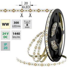 LED pásek SMD2216 WW, 300LED/m, 18W/m, 1440lm/m, IP20, DC 24V, 8mm, 5m