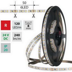 LED pásek SMD2835 červený, 120LED/m, 9,6W/m, DC 24V, 240lm/m, IP20, 8mm, 5m