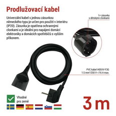 Prodlužovací kabel 3 m, 1 zásuvka, černý, PVC, 1,5 mm2 EMOS PC0123R