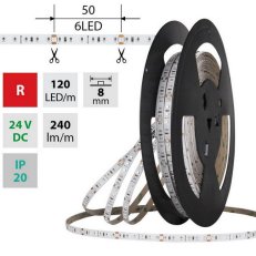 LED pásek SMD2835 červený, 120LED/m, 9,6W/m, DC 24V, 240lm/m, IP20, 8mm, 50m